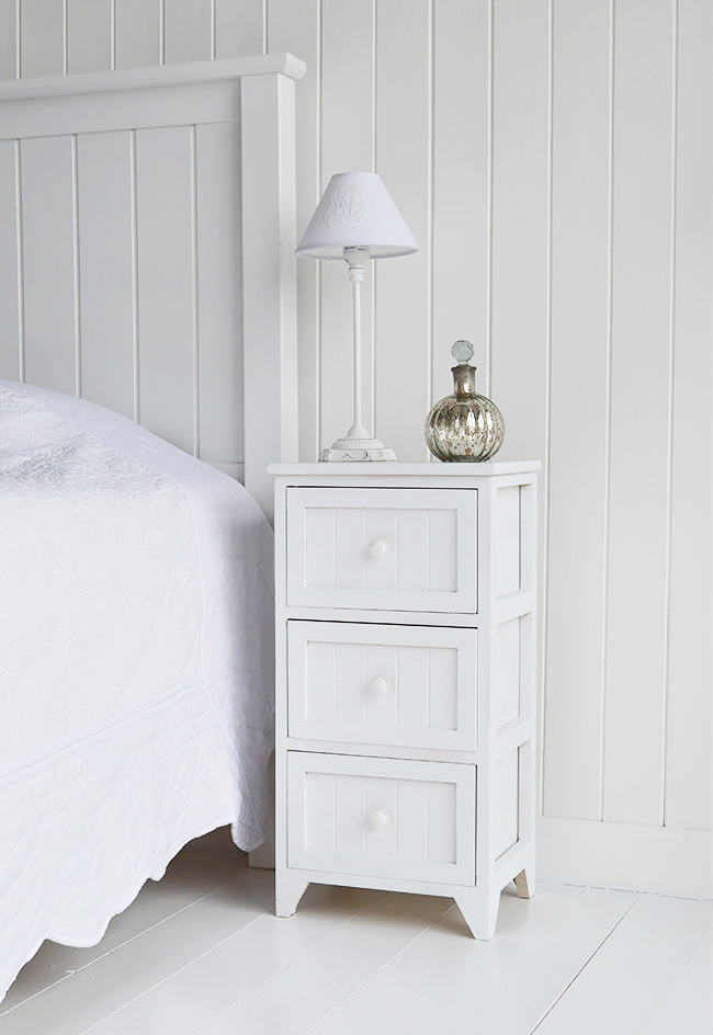 New England white Maine bedside table with 3 drawers
