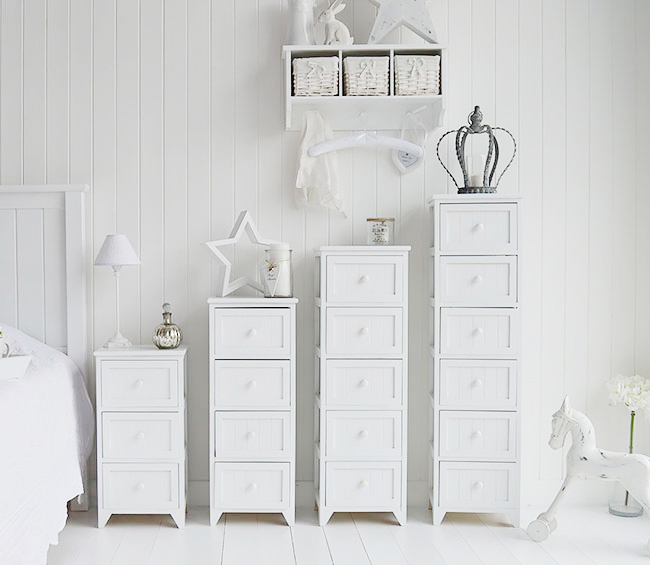 Maine range of white bedroom furniture storage units in sizes with 3 drawers, 4,5 and a tall 6 drawer