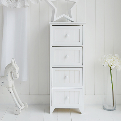 Maine 4 drawer white narrow chest of drawers for simple white bedroom furniture