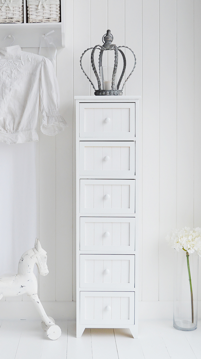 Maine tallboy chest of 6 drawers for white bedroom furniture storage