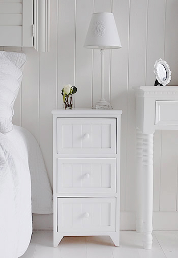 Maine white wooden bedside table with 3 drawers for storage for white bedroom furniture