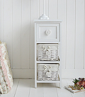 White narrow 25cm bedside table with baskets