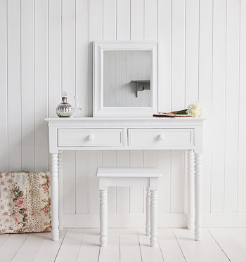 New England White bedroom dresser with ceramic knob handles, stool and white mirror