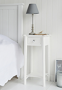New England bedside with silver handle on drawer