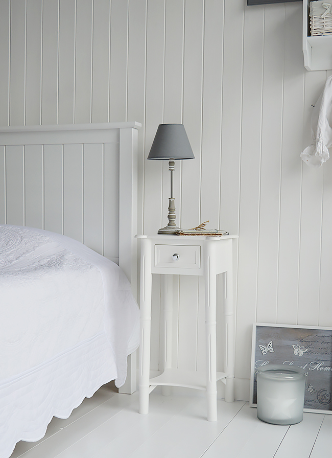 New England white bedside table with drawers and silver handle