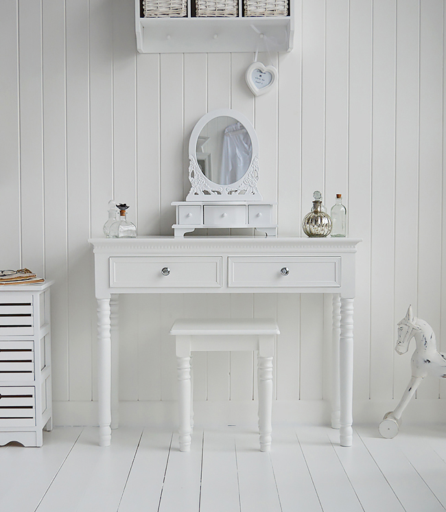 New England white dresser with drawers. Elegant and simple vanity table