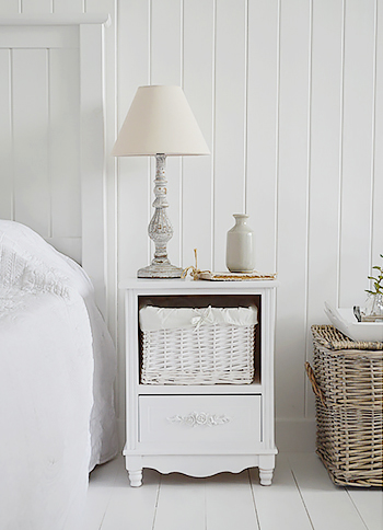 The White Lighthouse Rose Bedroom Furniture, a small bedside table with basket and drawers