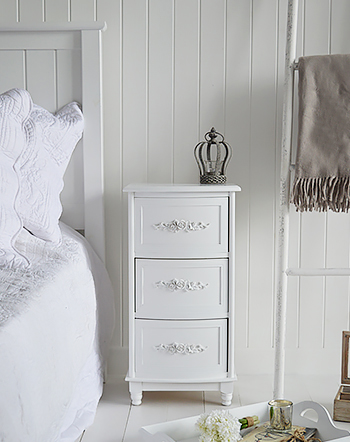 Rose white bedside cabinet with 3 drawers from The white Lighthouse