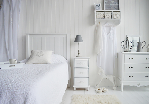 White Bedroom Furniture including chest of drawers, Rose bedside cabinet and accessories