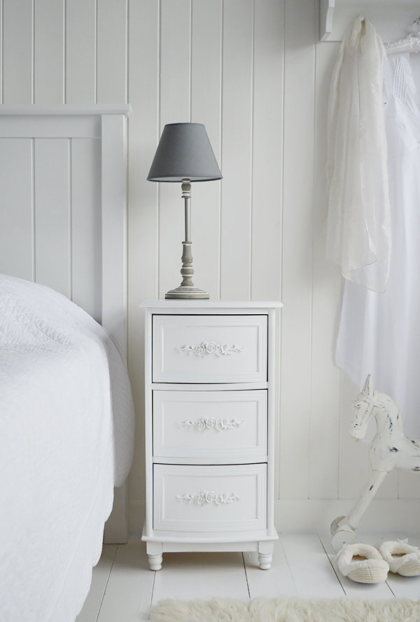 Rose white bedside table, night stand with rose carved handles