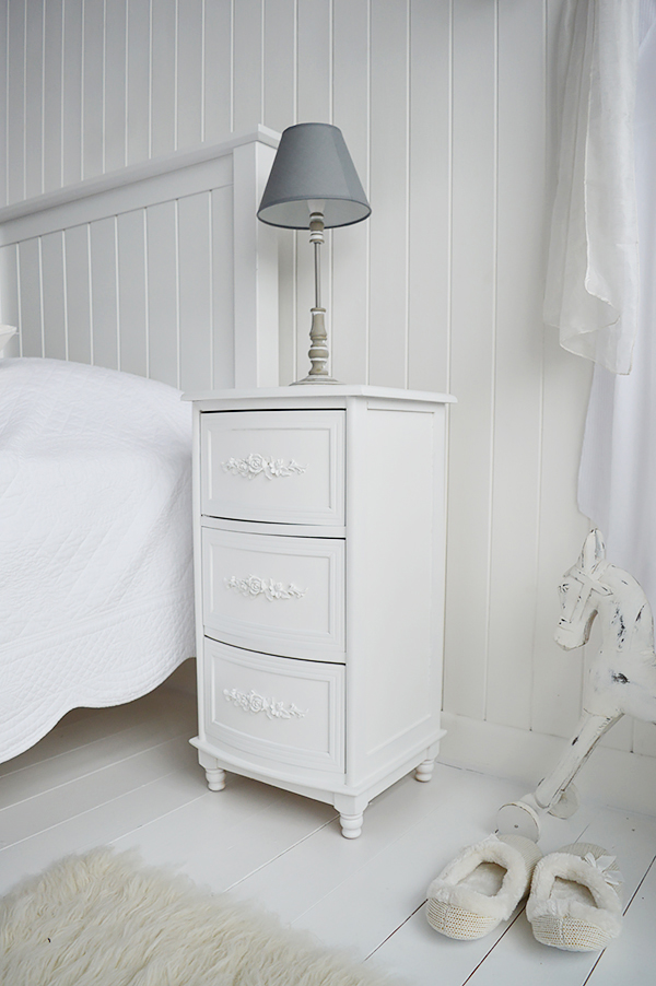 White bedside cabinet with drawers and Rose carved handles