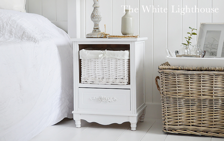 Rose white bedside table with basket and drawer from The White Lighthouse Bedroom Furniture