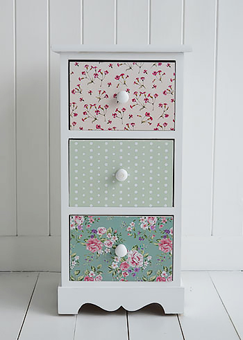 Rosewood floral pink and white country cottage narrow bedside table with 3 drawers