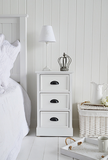 Southport white bedside cabinet with three drawers