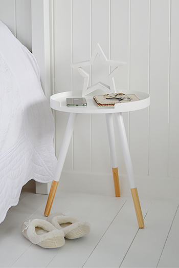 White tripod bedside table for lamp