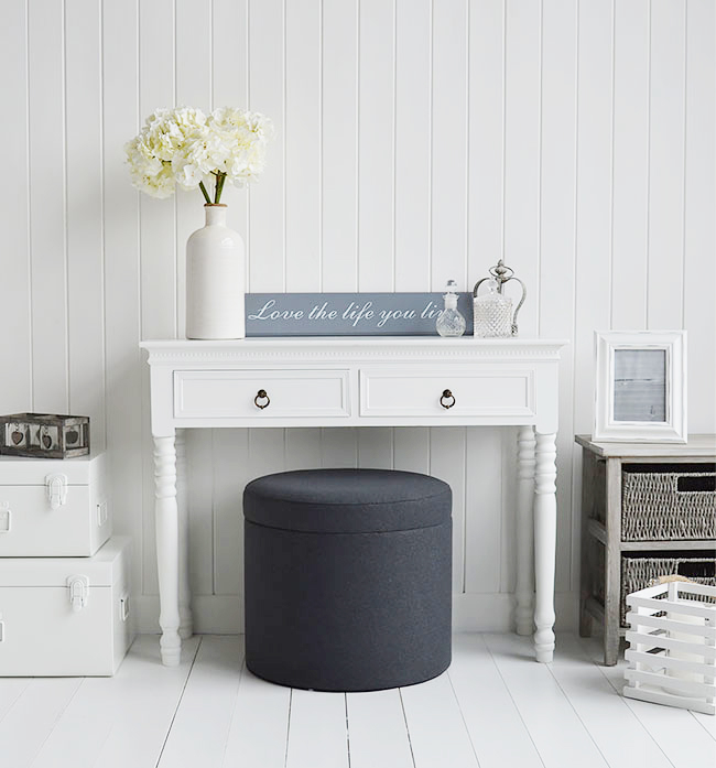 White Bedroom furniture with Westhampton grey storage dressing table stool
