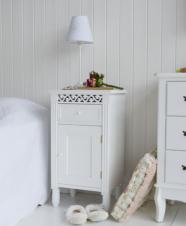 White bedside cabinet with drawer and cupboard