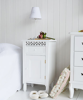 New England white bedside cabinet with drawer and cupboard