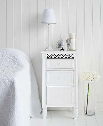 New England Range White bedside cabinet with three drawers