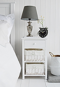 New HAven bedside table iwht basket and drawers for simple white bedroom furniture