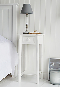 NEw England bedside with chunky knob handle on the drawer