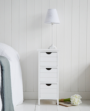 A narrow white bedside table from the Dorset Range with three drawers

Ideal for when space is tight, At only 21cm for the max width, the Dorset slim range offers storage for narrow spaces, with either three or four drawers.