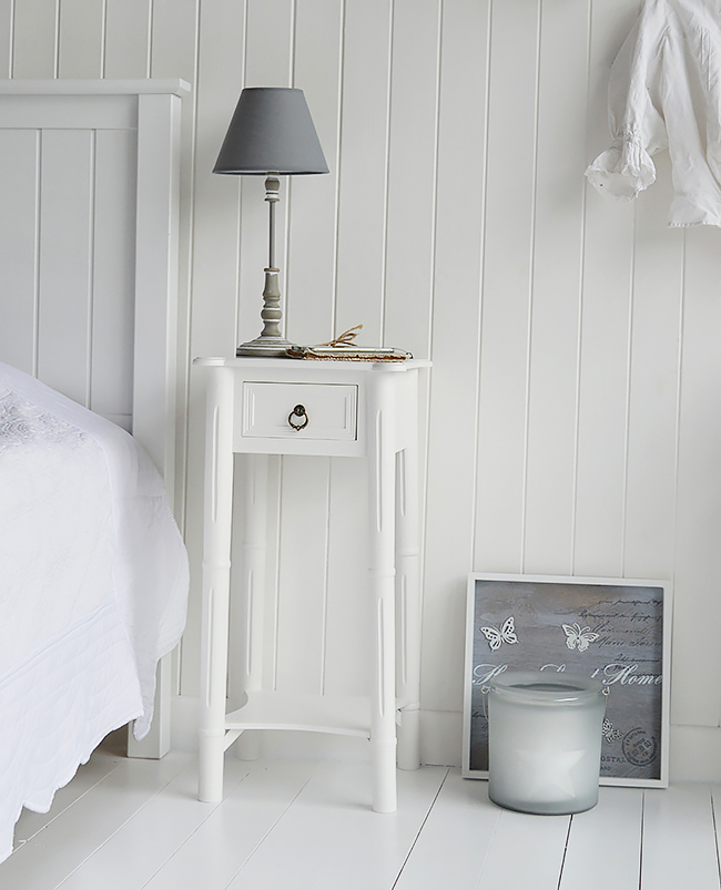 A white bedroom with the New England bedside with antique brass handle