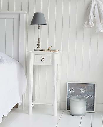 New England white bedside table with one drawer and shelf and atique brass drop pull handle