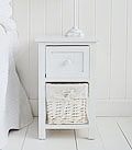 Bar Harbor narrow 25cm Small White bedside table with basket and drawer