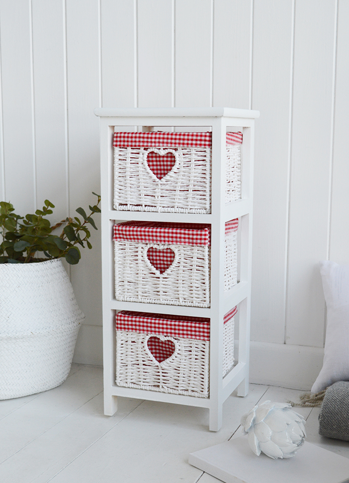 White Narrow bedside table with 3 drawers, 25cm wide unit from The White Cottage Range of slim white bedroom furniture with red and white gingham for cottage interiors