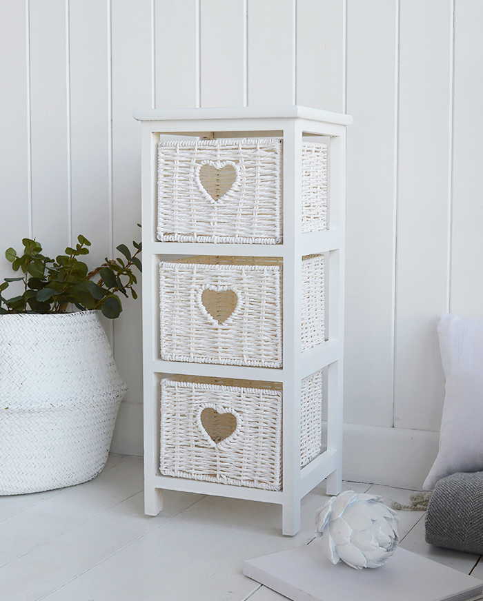 White Narrow bedside table with 3 drawers, 25cm wide unit from The White Cottage Range of slim white bedroom furniture for nome interiors