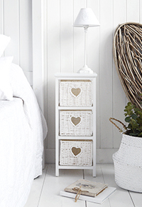 White Cottage Slim white bedside table with 3 drawers 25cm wide