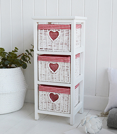 White Cottage narrow bedside table 25cm wide for slim bedroom furniture with red and white gingham