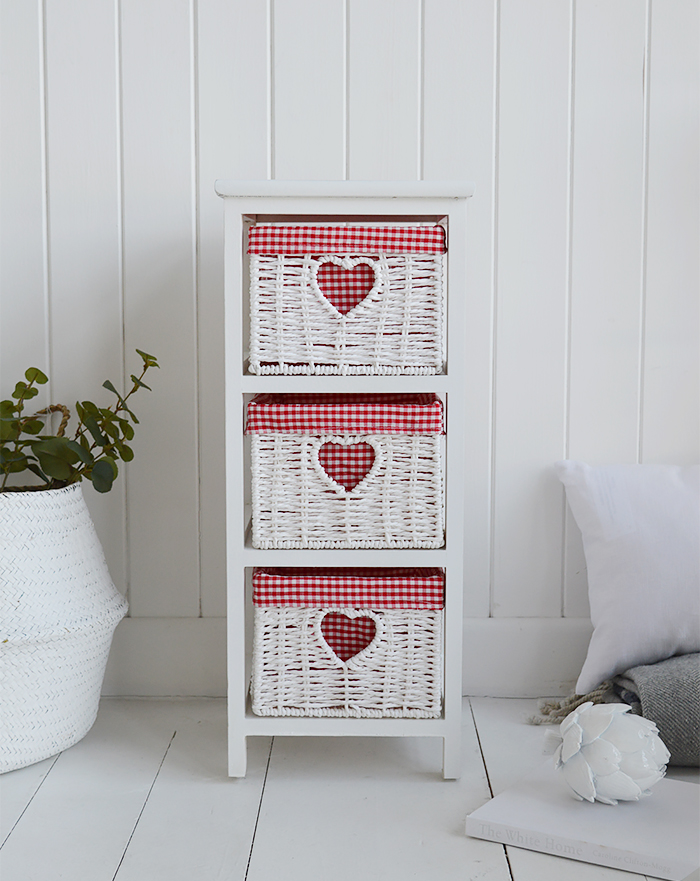 White Narrow bedside table with 3 drawers, 25cm wide unit from The White Cottage Range of slim white bedroom furniture with red and white gingham