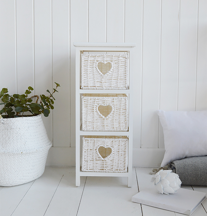 White Narrow bedside table with 3 drawers, 25cm wide unit from The White Cottage Range of slim white bedroom furniture