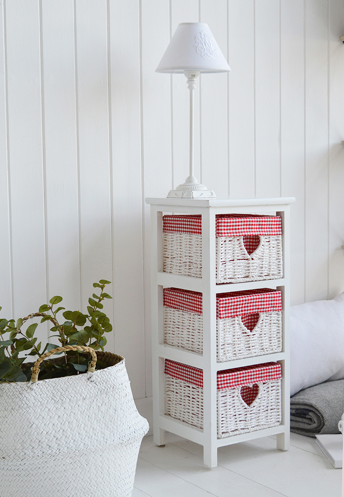 Slim white bedroom furniture with read and white gingham for a country styled bedroom