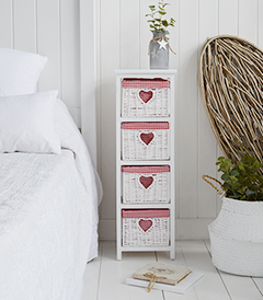 White Narrow sotage furniture with 4 drawers, 25cm wide unit from The White Cottage Range of white bedroom furniture with red and white gingham for slim storage furniture