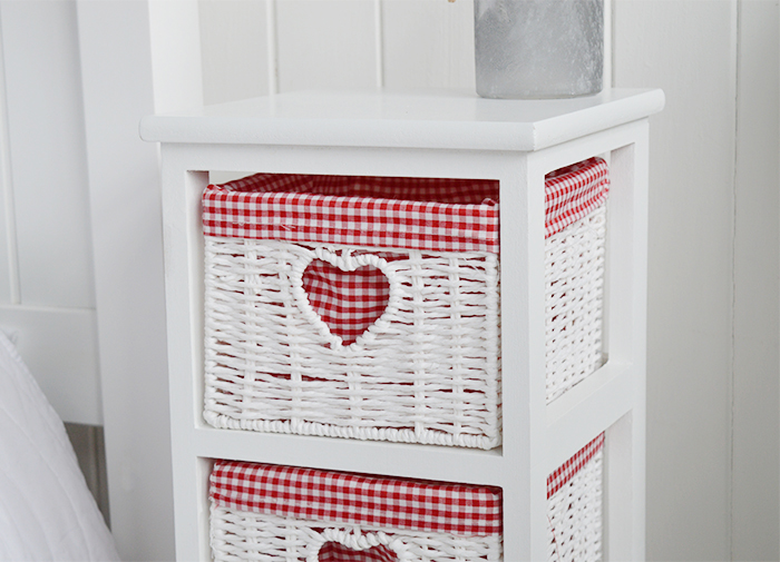 White Cottage Narrow Bedside Table with max width 25 cm. Slim for small bedroom furniture to show red gingham lining on the 4 basket drawers