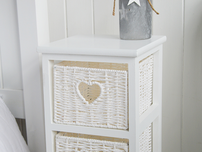 White Cottage Narrow Bedside Table with max width 25 cm. Slim for small bedroom furniture narrow with 4 drawers