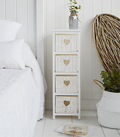 White Cottage Narrow Bedside Table with max width 25 cm. Slim for small bedroom furniture with 4 drawers