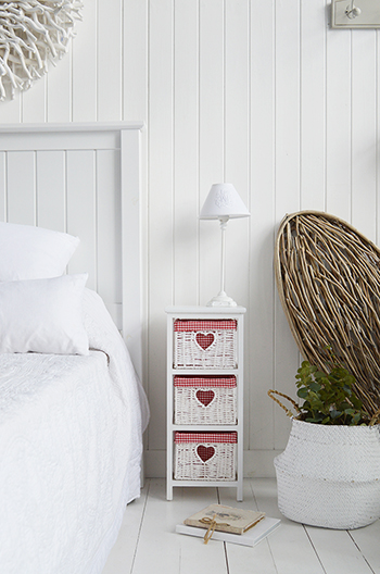 White Cottage Narrow Bedside Table with max width 25 cm. Slim for small bedroom furniture with red gingham linings on baskets