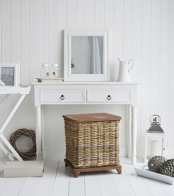 New England white dressing table with antique brass handles for the French country look