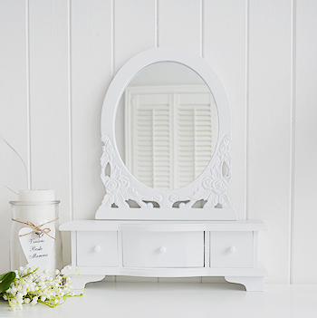 White Dressing table mirror with trinket drawers for white bedroom furniture
