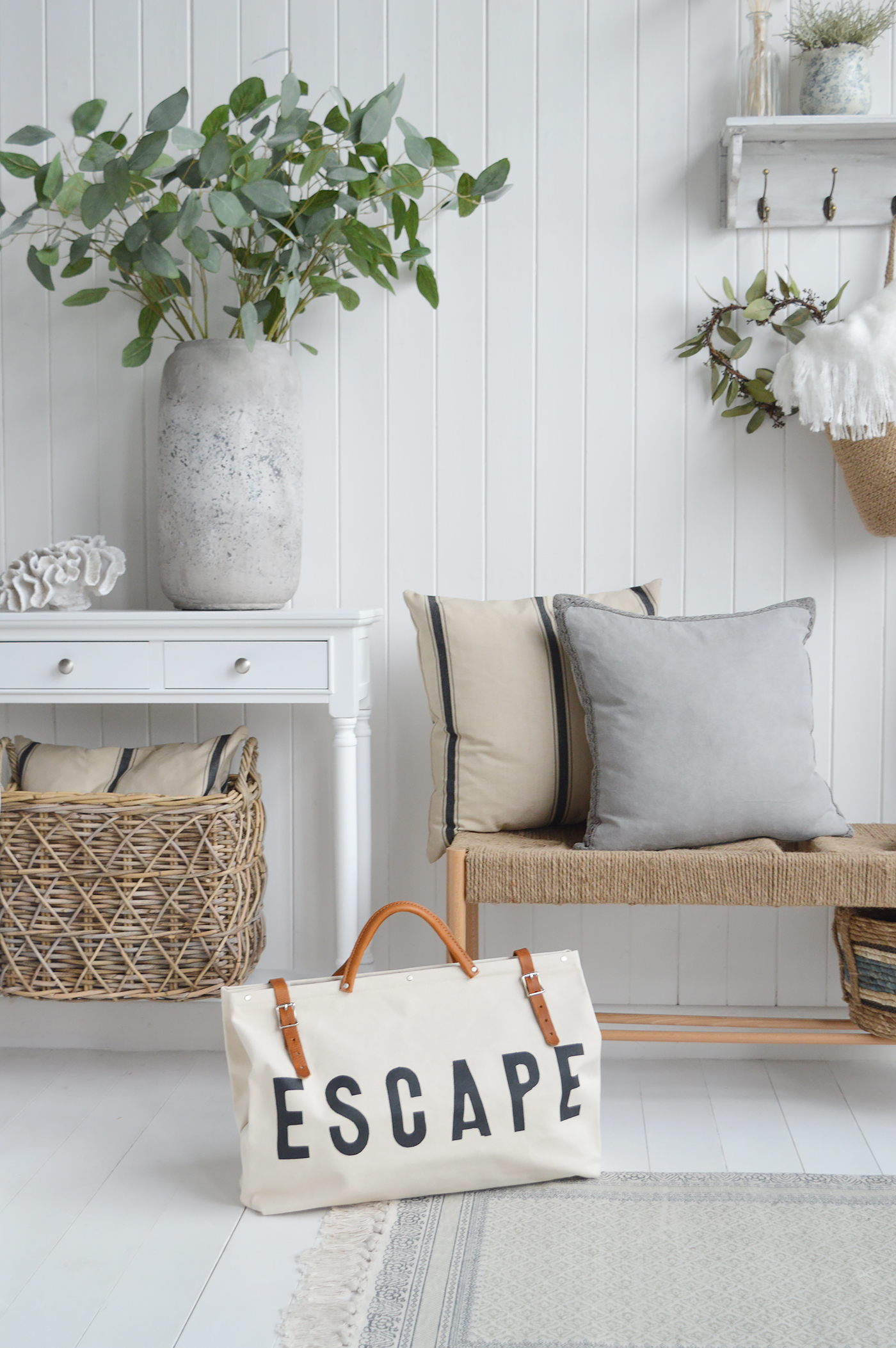 A dramatic bag is perfect for adding a touch of interest. Here we have added it to a modern farmhouse style hallway with a woven bench