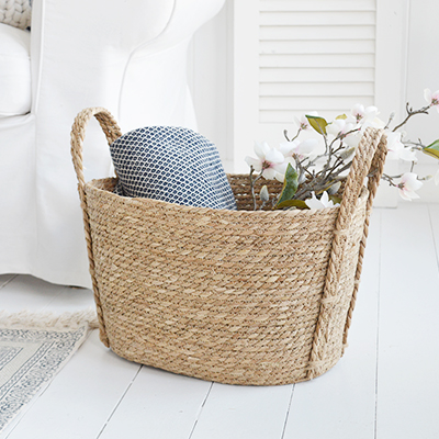 Fall River seagrass basket  toys and everyday storage from The White Lighthouse Furniture and Home Interiors for New England, country, coastal farmhouse and city homes for hallway, living room, bedroom and bathroom