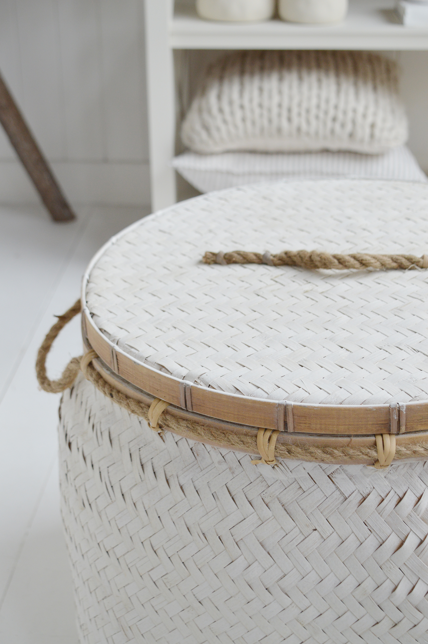 The rustic Nantucket white table basket with a lid ... coffee table, side table , laundry basket ...  such a versatile piece of coastal furniture which complements all our New England styles of interiors