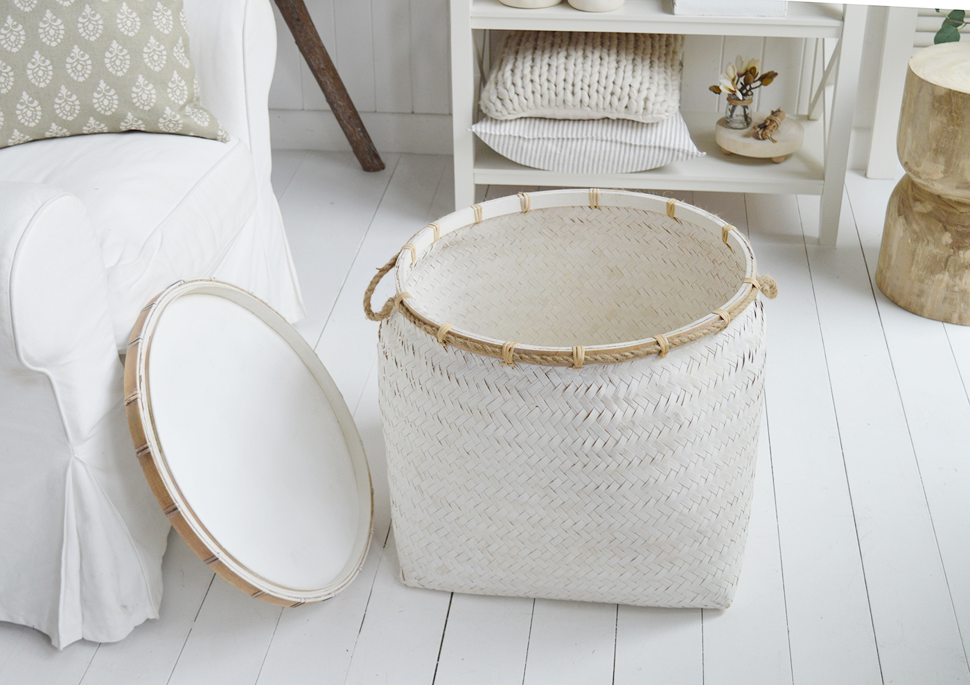 The rustic Nantucket white table basket with a lid ... coffee table, side table , laundry basket ...  such a versatile piece of coastal furniture which complements all our New England styles of interiors