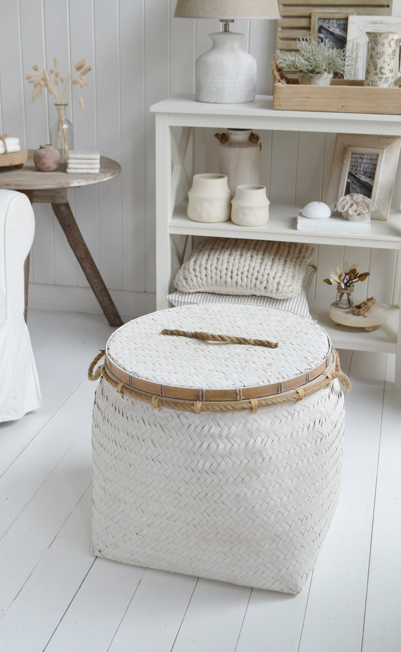 The rustic Nantucket white table basket with a lid ... coffee table, side table , laundry basket ...  such a versatile piece of coastal furniture which complements all our New England styles of interiors