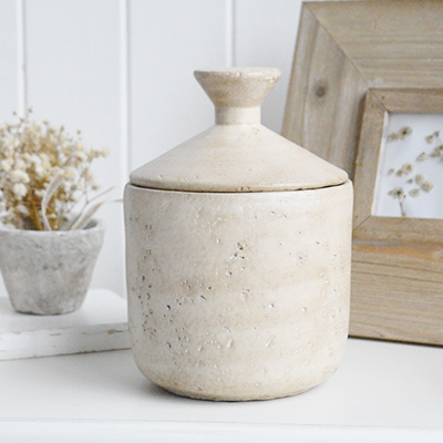 The Hearthstone Jar in warm limestone is a timeless decorative accent, ideal for neutral interiors, farmhouse homes and New England–inspired styling.