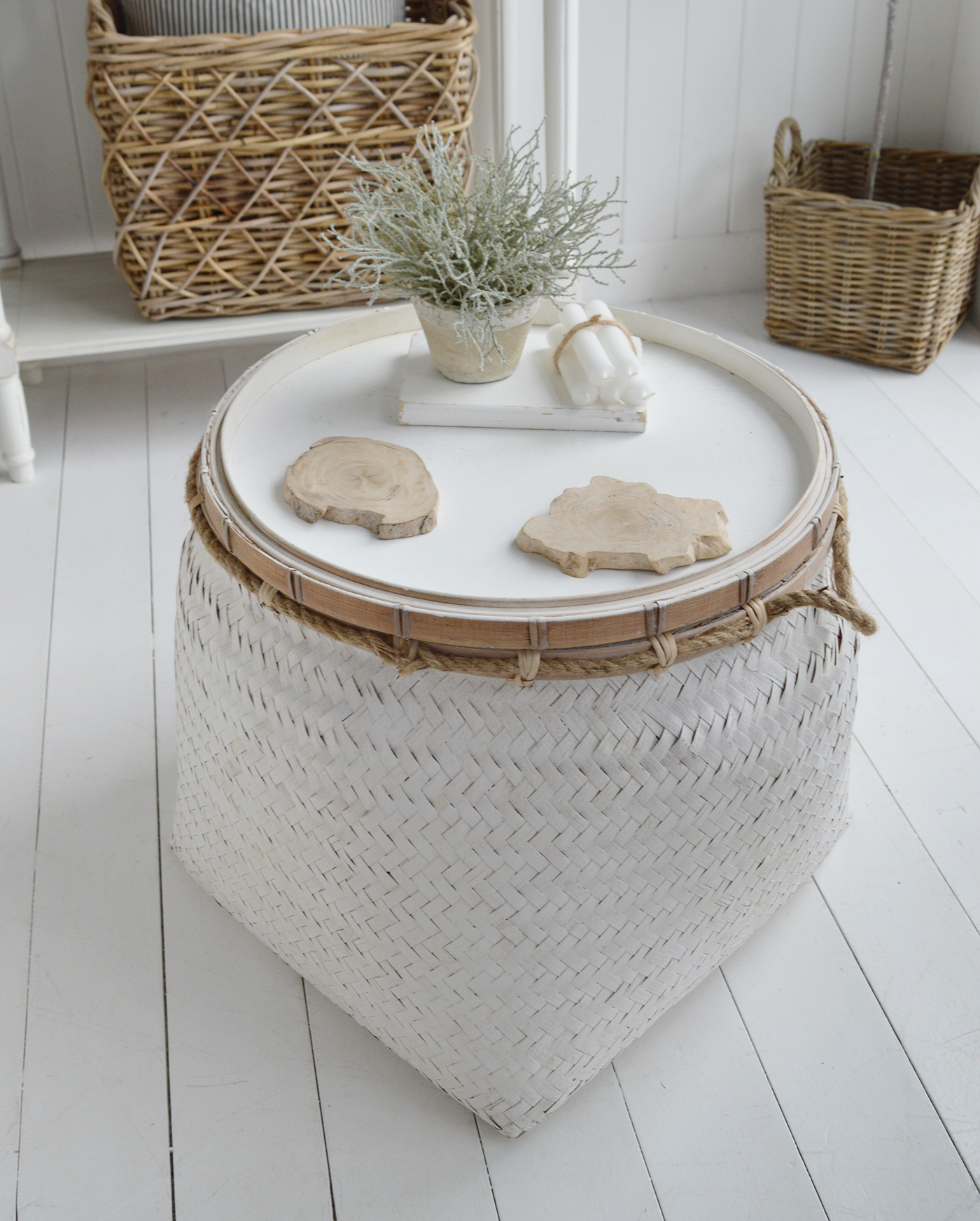The Nantucket white basket as a coastal coffee table in a Hamptons styled living room